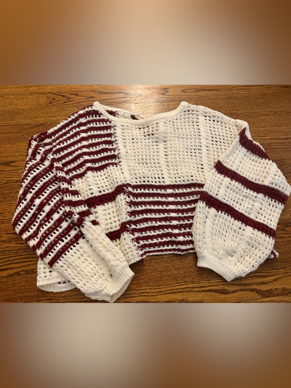 Blu Pepper White Open-Weave Crewneck Sweater with Burgundy Stripes accents